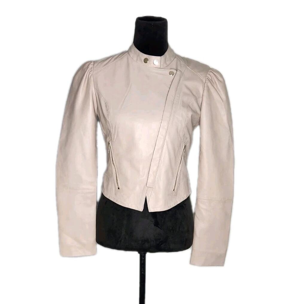 Bod & Christensen Cream Cropped Leather Moto Jacket Puff Shoulder Soft Size XS
